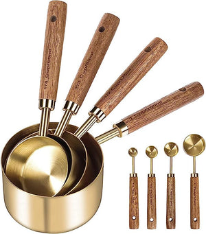 8Pcs Measure Cup and Spoon Set, Gold Measuring Cup Spoon Set with Wooden Handle, Stainless Steel Stackable Kitchen and Baking Measurement Kitchen Accessories for Home Kitchen Party