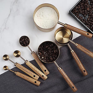 8Pcs Measure Cup and Spoon Set, Gold Measuring Cup Spoon Set with Wooden Handle, Stainless Steel Stackable Kitchen and Baking Measurement Kitchen Accessories for Home Kitchen Party