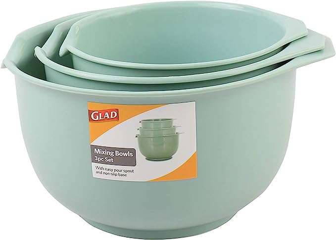 Glad Mixing Bowls with Pour Spout, Set of 3, Nesting Design Saves Space, Non-Slip, BPA Free, Dishwasher Safe Plastic